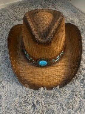 Women's Brown Straw Cowboy Hat with Turquoise Concho